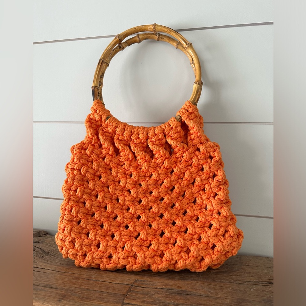 Chunky Orange Crocheted Purse Large Handmade Vintage Retro 70s | Bamboo Handle